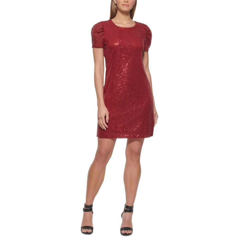 DKNY Sequined Knee Length Short Sleeve Shift Cocktail Party Dress Red Size 14